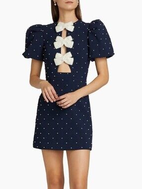 Rebecca Vallance Veronica Pearl Bow Puff-Sleeve Minidress